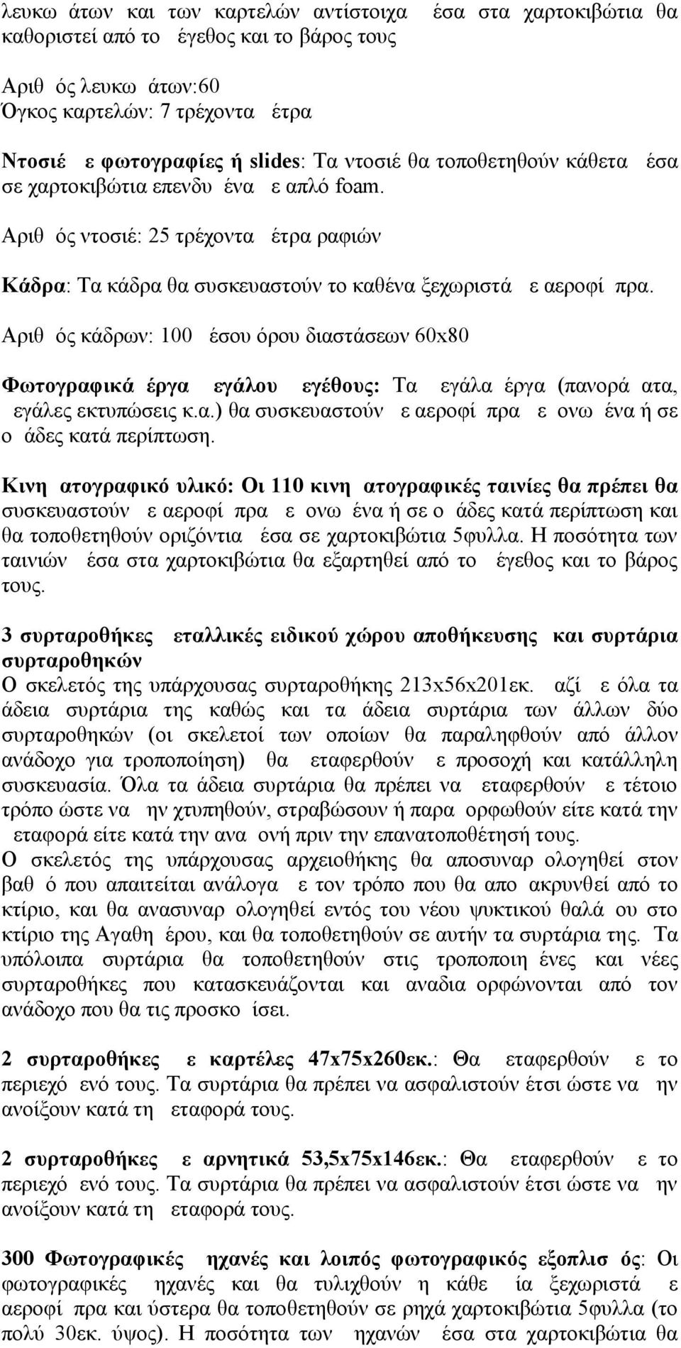 Αριθμός κάδρων: 100 μέσου όρου διαστάσεων 60x80 Φωτογραφικά έργα μεγάλου μεγέθους: Τα μεγάλα έργα (πανοράματα, μεγάλες εκτυπώσεις κ.α.) θα συσκευαστούν με αεροφίμπρα μεμονωμένα ή σε ομάδες κατά περίπτωση.