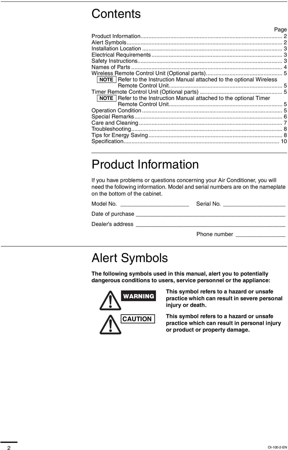 .. 5 NOTE Refer to the Instruction Manual attached to the optional Timer Remote Control Unit... 5 Operation Condition... 5 Special Remarks... 6 Care and Cleaning... 7 Troubleshooting.