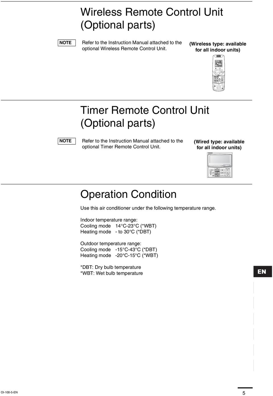 Control Unit. (Wired type: available for all indoor units) Operation Condition Use this air conditioner under the following temperature range.