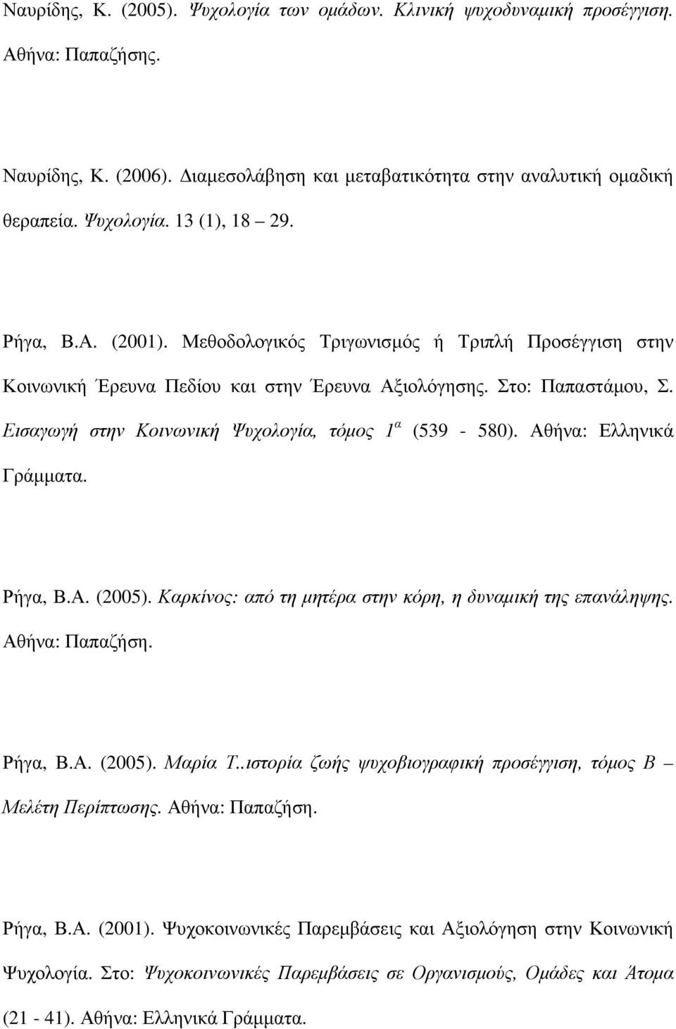 Αθήνα: Ελληνικά Γράµµατα. Ρήγα, Β.Α. (2005). Καρκίνος: από τη µητέρα στην κόρη, η δυναµική της επανάληψης. Αθήνα: Παπαζήση. Ρήγα, Β.Α. (2005). Μαρία Τ.