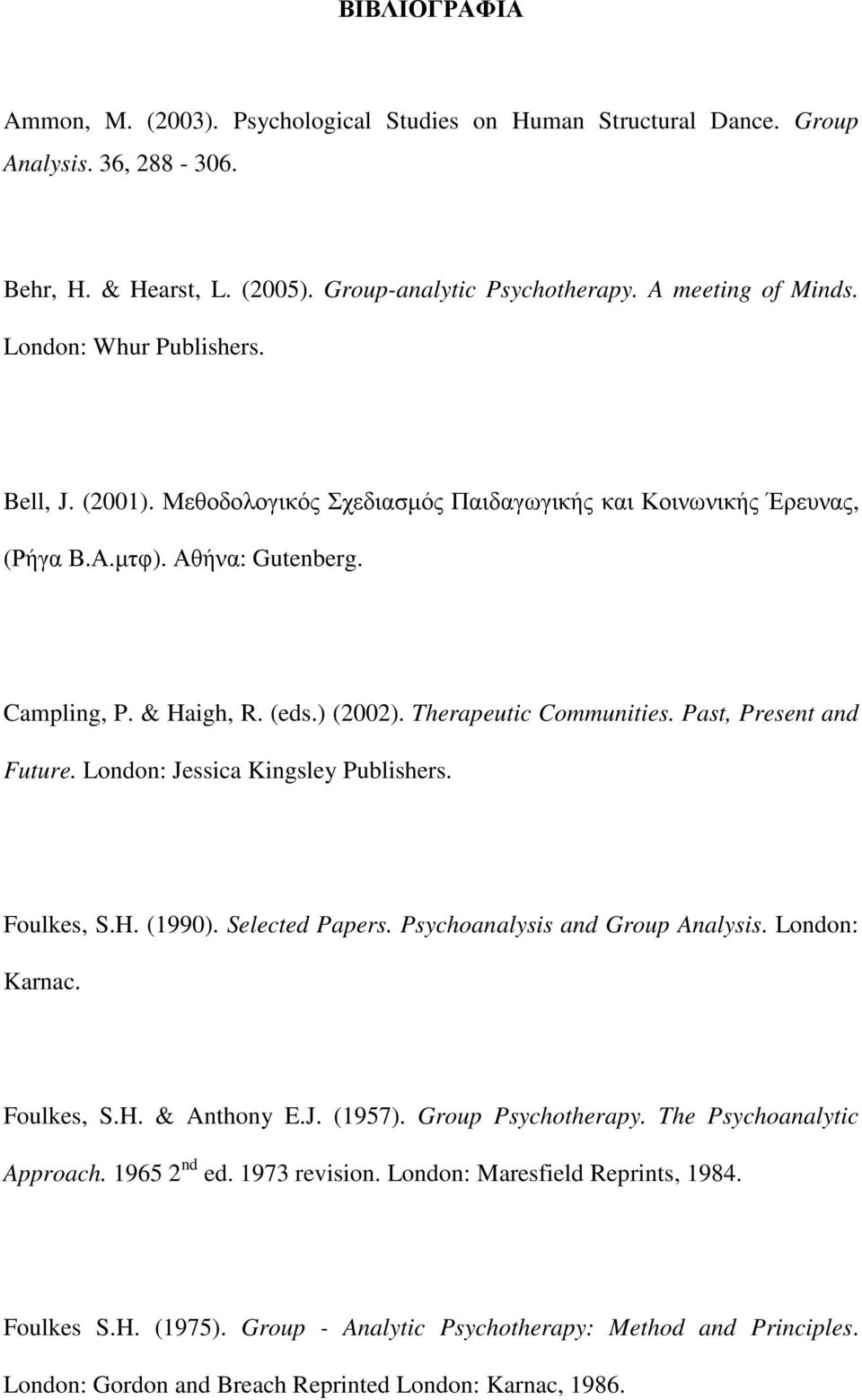 Therapeutic Communities. Past, Present and Future. London: Jessica Kingsley Publishers. Foulkes, S.H. (1990). Selected Papers. Psychoanalysis and Group Analysis. London: Karnac. Foulkes, S.H. & Anthony E.