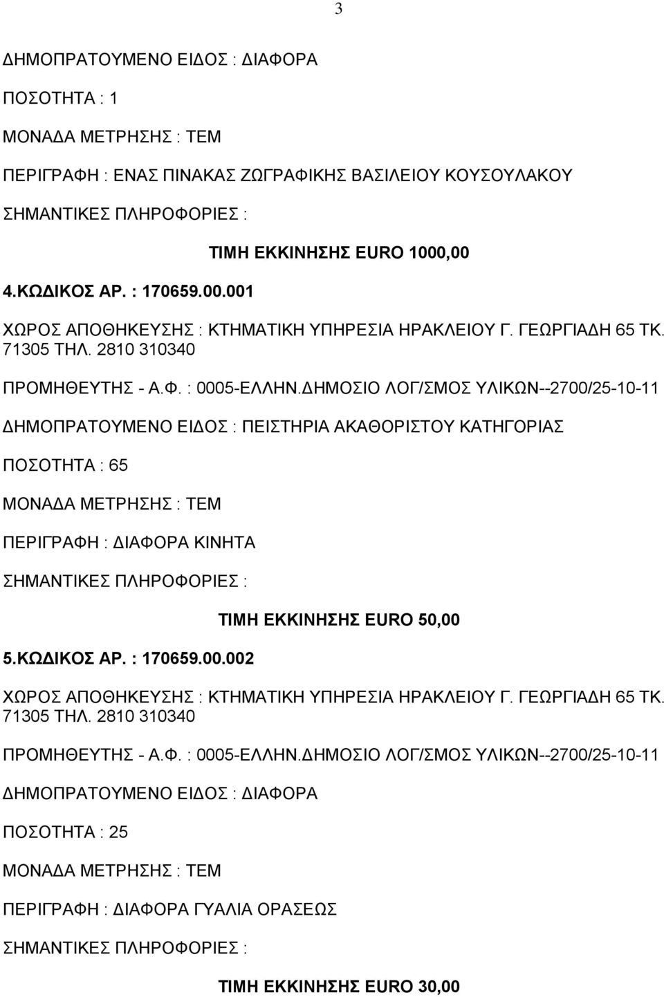 ΔΗΜΟΣΙΟ ΛΟΓ/ΣΜΟΣ ΥΛΙΚΩΝ--2700/25-10-11 ΔΗΜΟΠΡΑΤΟΥΜΕΝΟ ΕΙΔΟΣ : ΠΕΙΣΤΗΡΙΑ ΑΚΑΘΟΡΙΣΤΟΥ ΚΑΤΗΓΟΡΙΑΣ ΠΟΣΟΤΗΤΑ : 65 ΠΕΡΙΓΡΑΦΗ : ΔΙΑΦΟΡΑ ΚΙΝΗΤΑ 5.ΚΩΔΙΚΟΣ ΑΡ. : 170659.00.002 ΤΙΜΗ ΕΚΚΙΝΗΣΗΣ EURO 50,00 ΧΩΡΟΣ ΑΠΟΘΗΚΕΥΣΗΣ : ΚΤΗΜΑΤΙΚΗ ΥΠΗΡΕΣΙΑ ΗΡΑΚΛΕΙΟΥ Γ.