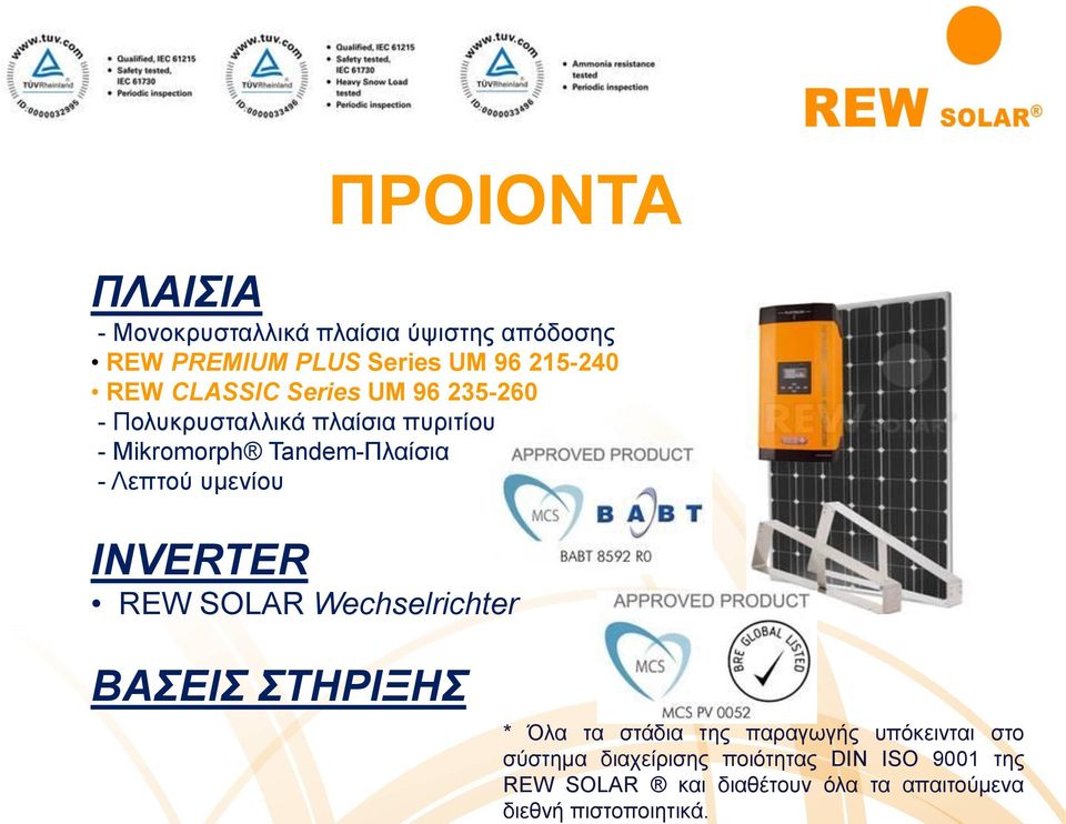 υμενίου INVERTER REW SOLAR Wechselrichter ΒΑΣΕΙΣ ΣΤΗΡΙΞΗΣ * Όλα τα στάδια της παραγωγής υπόκεινται στο