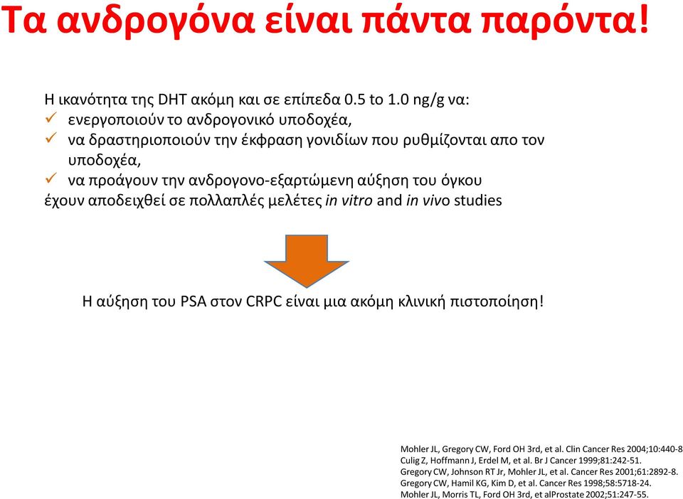 αποδειχθεί σε πολλαπλές μελέτες in vitro and in vivo studies Η αύξηση του PSA στον CRPC είναι μια ακόμη κλινική πιστοποίηση! Mohler JL, Gregory CW, Ford OH 3rd, et al.