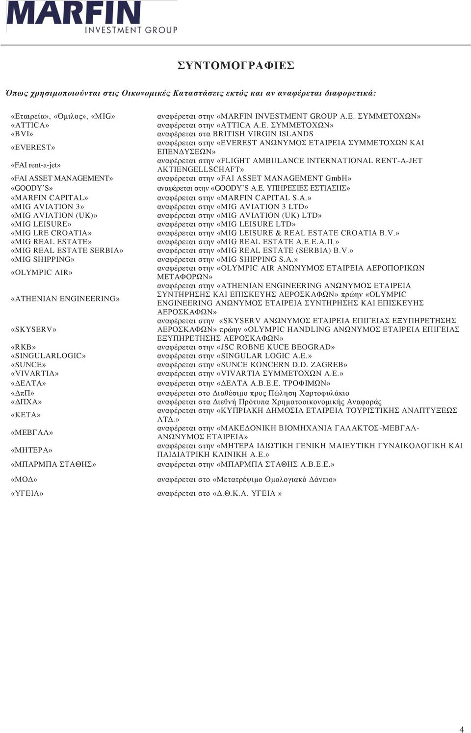 «SKYSERV» «RKB» «SINGULARLOGIC» «SUNCE» «VIVARTIA» «ΔΕΛΤΑ» «ΔπΠ» «ΔΠΧΑ» «KETA» «ΜΕΒΓΑΛ» «ΜΗΤΕΡΑ» «ΜΠΑΡΜΠΑ ΣΤΑΘΗΣ» «ΜΟΔ» αναφέρεται στην «MARFIN INVESTMENT GROUP A.E. ΣΥΜΜΕΤΟΧΩΝ» αναφέρεται στην «ATTICA A.