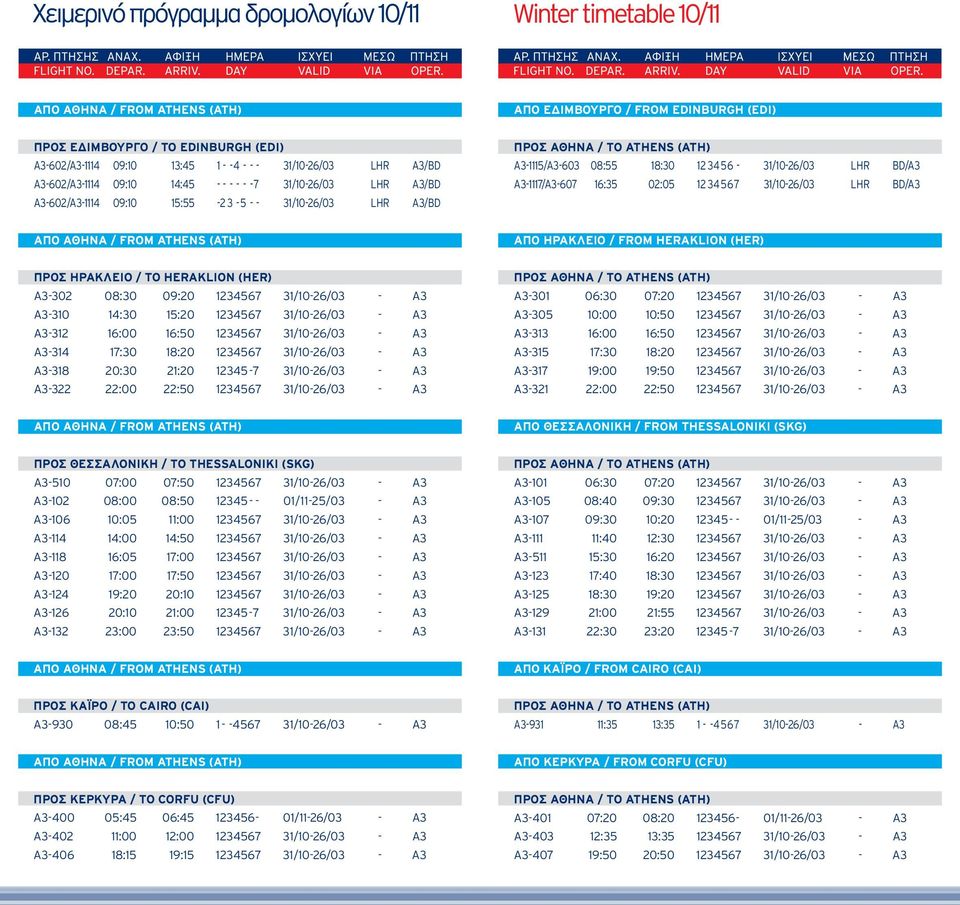 ΗΡΑΚΛΕΙΟ / FROM HERAKLION (HER) ΠΡΟΣ ΗΡΑΚΛΕΙΟ / TO HERAKLION (HER) A3-302 08:30 09:20 1234567 31/10-26/03 - A3 A3-310 14:30 15:20 1234567 31/10-26/03 - A3 A3-312 16:00 16:50 1234567 31/10-26/03 - A3