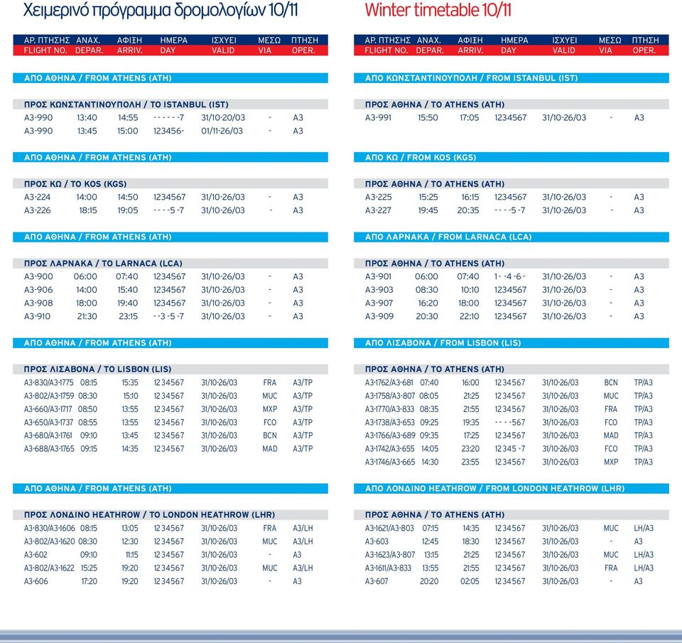 31/10-26/03 - A3 A3-227 19:45 20:35 - - - - 5-7 31/10-26/03 - A3 ΑΠΟ ΛΑΡΝΑΚΑ / FROM LARNACA (LCA) ΠΡΟΣ ΛΑΡΝΑΚΑ / TO LARNACA (LCA) A3-900 06:00 07:40 1234567 31/10-26/03 - A3 A3-906 14:00 15:40