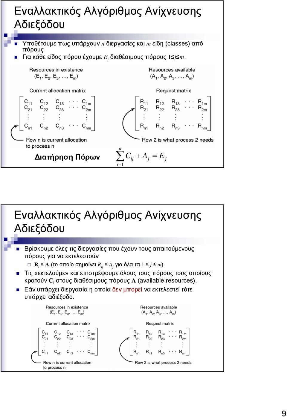 ιατήρηση Πόρων n i= 1 C + A = E ij j j Εναλλακτικός Αλγόριθµος Ανίχνευσης Αδιεξόδου Βρίσκουµε όλες τις διεργασίες που έχουν τους απαιτούµενους πόρους