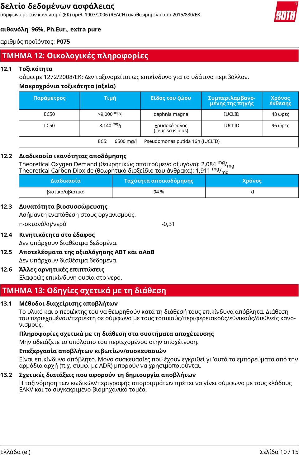 140 mg / l χρυσοκέφαλος (Leuciscus idus) EC5: 6500 mg/l Pseudomonas putida 16h (IUCLID) IUCLID 96 ώρες 12.