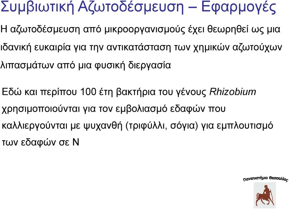 διεργασία Εδώ και περίπου 100 έτη βακτήρια του γένους Rhizobium χρησιμοποιούνται για τον