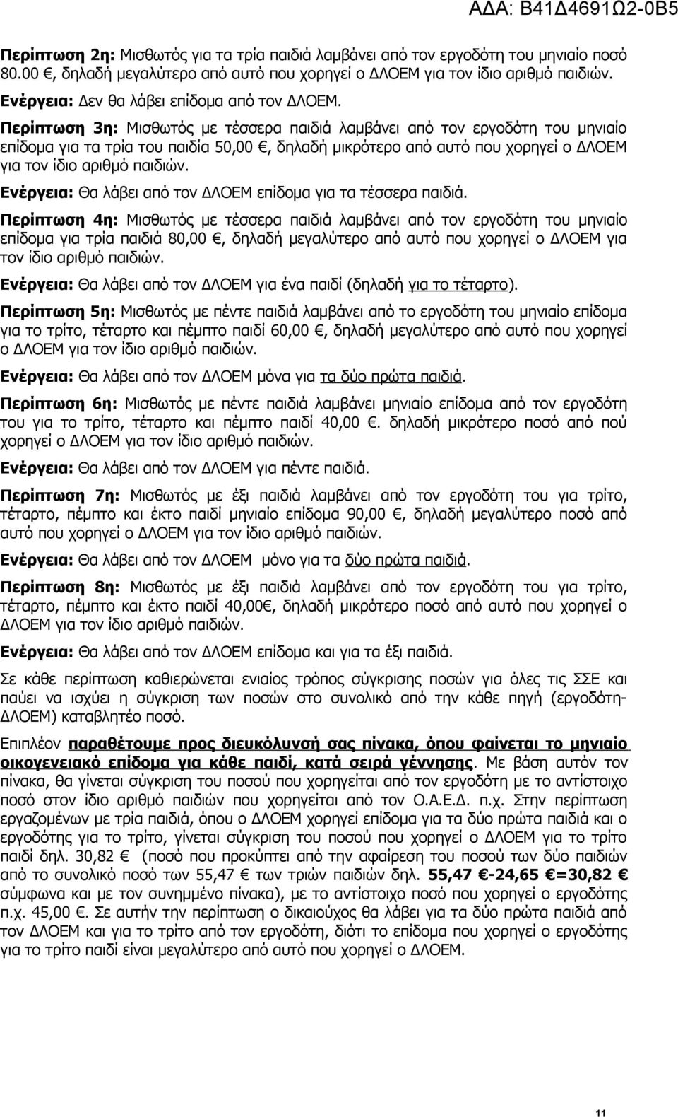 Περίπτωση 3η: Μισθωτός με τέσσερα παιδιά λαμβάνει από τον εργοδότη του μηνιαίο επίδομα για τα τρία του παιδία 50,00, δηλαδή μικρότερο από αυτό που χορηγεί ο ΔΛΟΕΜ για τον ίδιο αριθμό παιδιών.