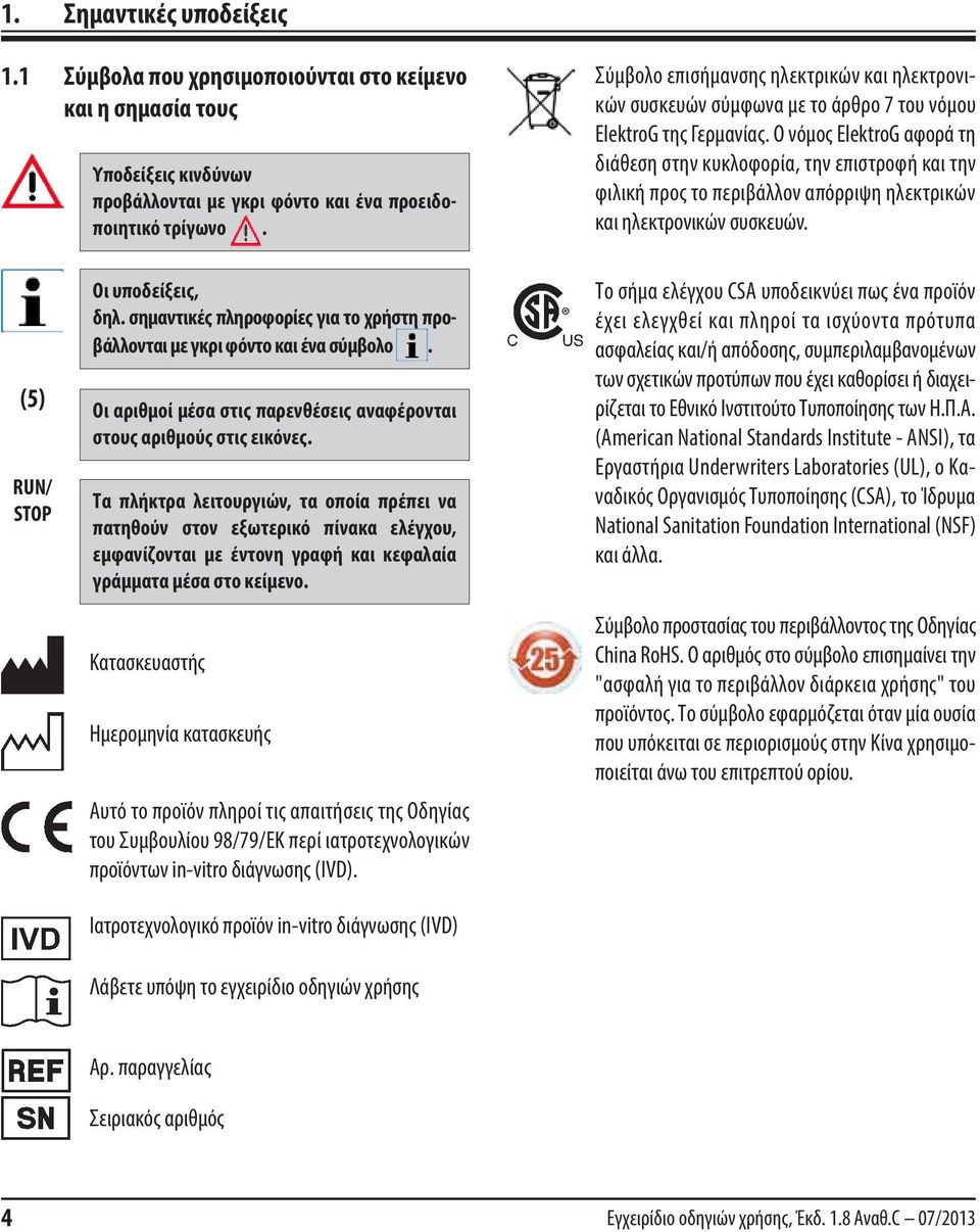 Ο νόμος ElektroG αφορά τη διάθεση στην κυκλοφορία, την επιστροφή και την φιλική προς το περιβάλλον απόρριψη ηλεκτρικών και ηλεκτρονικών συσκευών. (5) RUN/ STOP Οι υποδείξεις, δηλ.