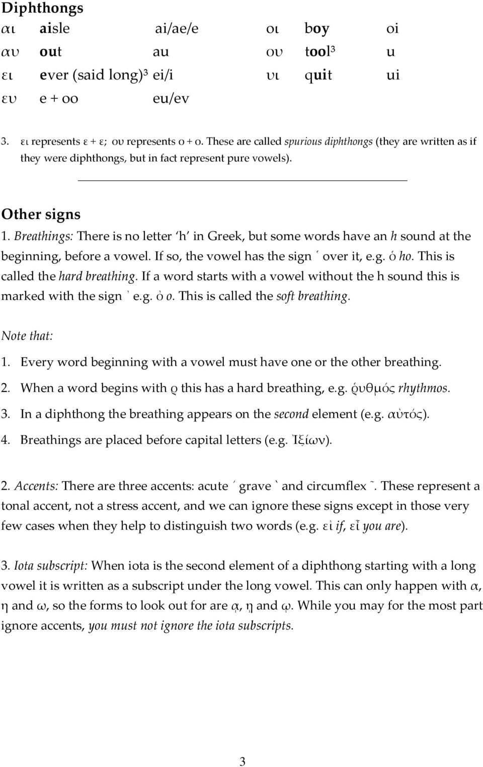 Breathings: There is no letter h in Greek, but some words have an h sound at the beginning, before a vowel. If so, the vowel has the sign over it, e.g. ὁ ho. This is called the hard breathing.