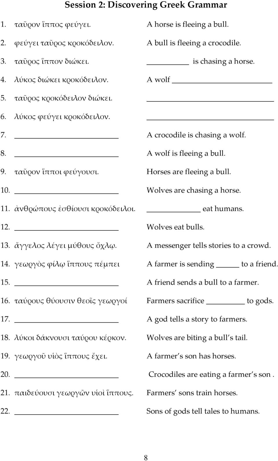 Horses are fleeing a bull. 10. Wolves are chasing a horse. 11. ἀνθρώπους ἐσθίουσι κροκόδειλοι. eat humans. 12. Wolves eat bulls. 13. ἄγγελος λέγει μύθους ὄχλῳ. A messenger tells stories to a crowd.