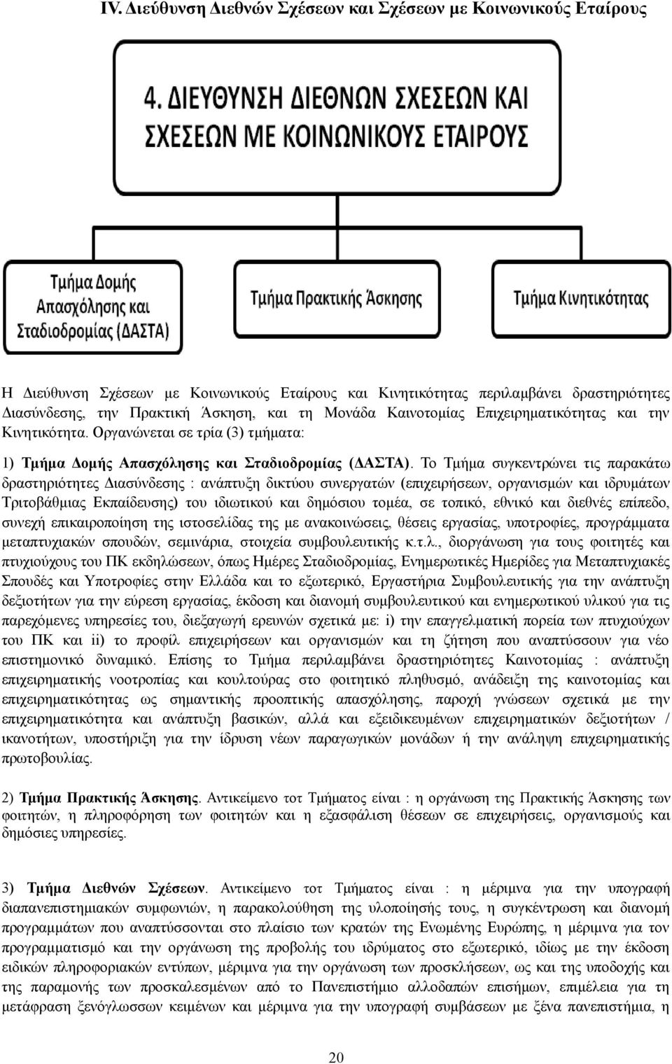 Το Τμήμα συγκεντρώνει τις παρακάτω δραστηριότητες Διασύνδεσης : ανάπτυξη δικτύου συνεργατών (επιχειρήσεων, οργανισμών και ιδρυμάτων Τριτοβάθμιας Εκπαίδευσης) του ιδιωτικού και δημόσιου τομέα, σε