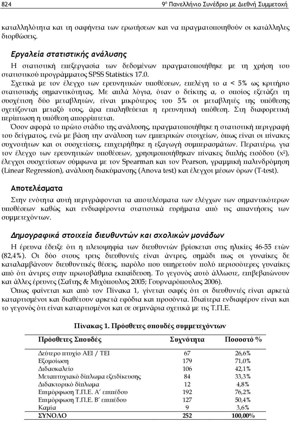 Σχετικά με τον έλεγχο των ερευνητικών υποθέσεων, επελέγη το α < 5% ως κριτήριο στατιστικής σημαντικότητας.