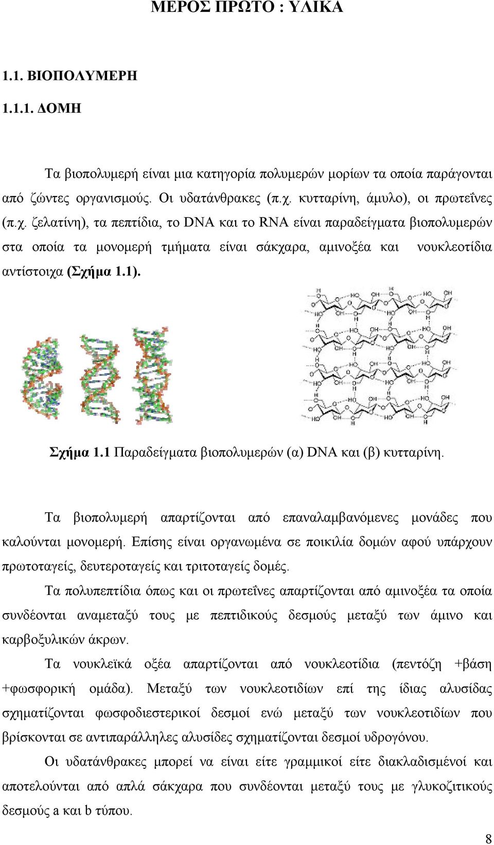 ζελατίνη), τα πεπτίδια, το DNA και το RNA είναι παραδείγματα βιοπολυμερών στα οποία τα μονομερή τμήματα είναι σάκχαρα, αμινοξέα και νουκλεοτίδια αντίστοιχα (Σχήμα 1.1). Σχήμα 1.