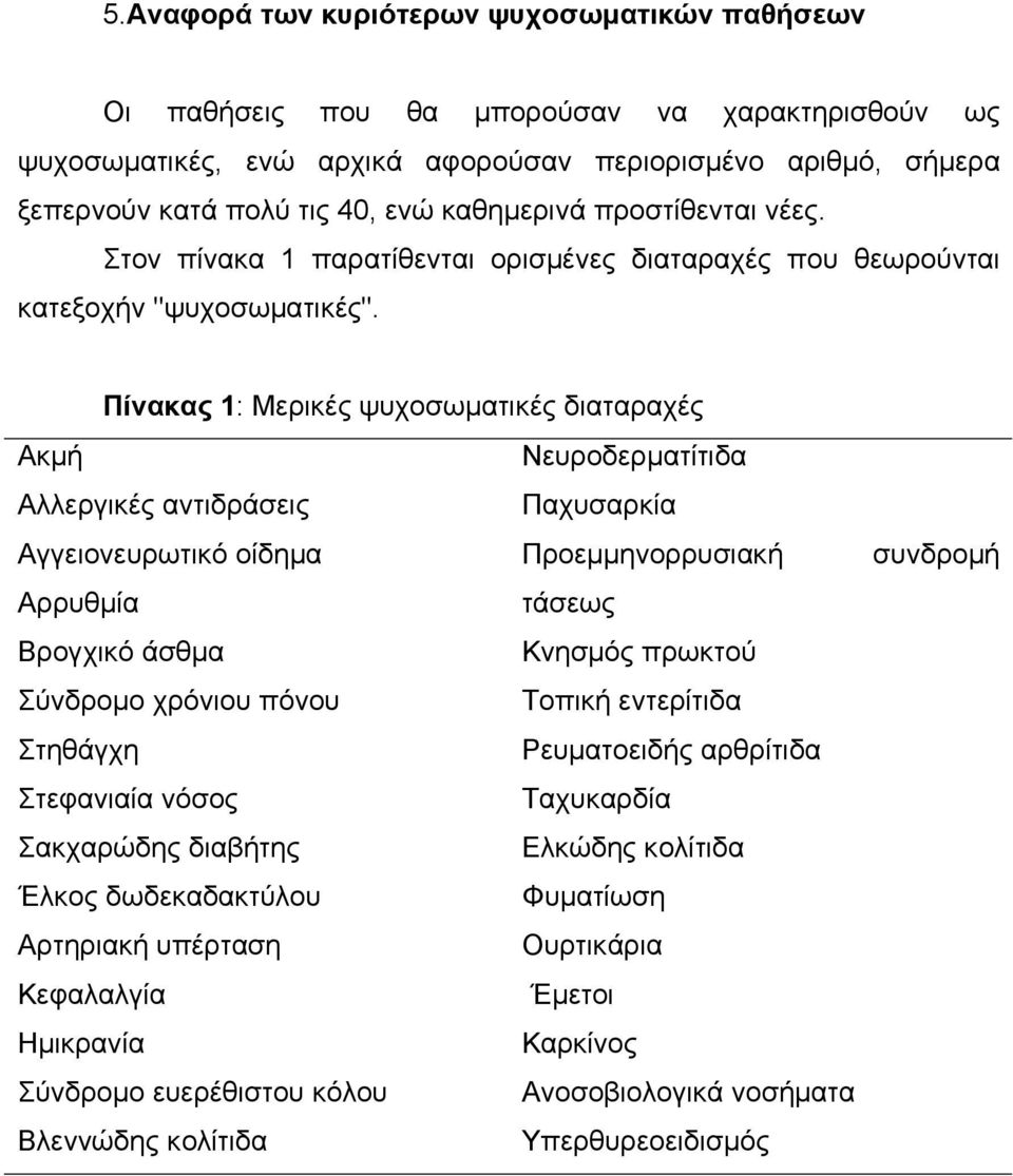 Πίνακας 1: Μερικές ψυχοσωµατικές διαταραχές Ακµή Νευροδερµατίτιδα Αλλεργικές αντιδράσεις Παχυσαρκία Αγγειονευρωτικό οίδηµα Προεµµηνορρυσιακή Αρρυθµία τάσεως Βρογχικό άσθµα Κνησµός πρωκτού Σύνδροµο