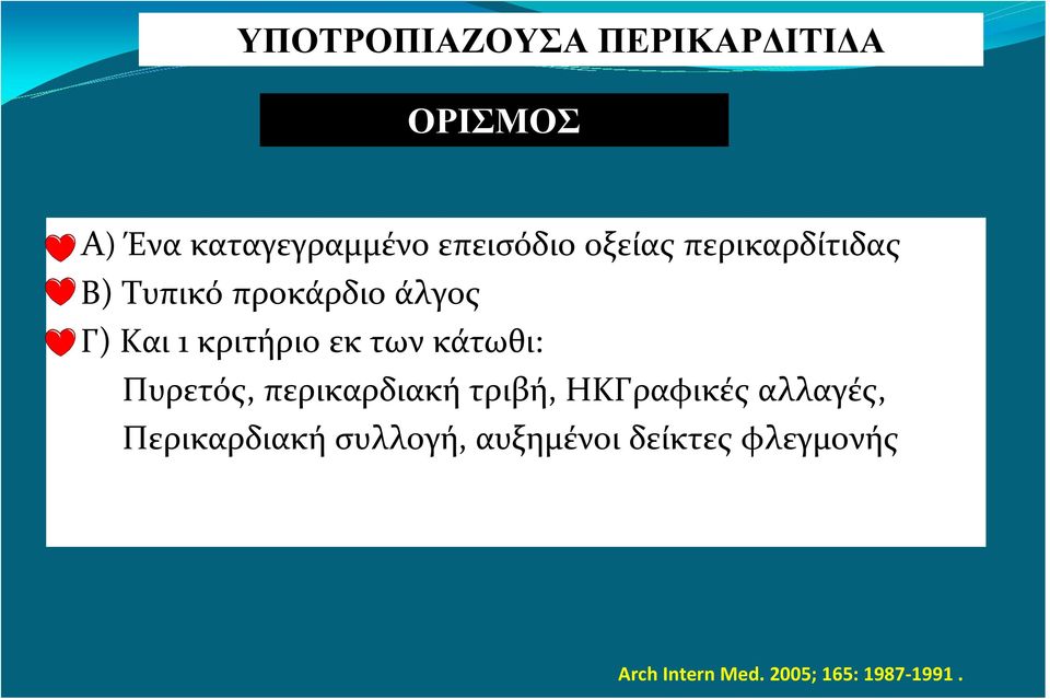 των κάτωθι: Πυρετός, περικαρδιακή τριβή, ΗΚΓραφικές αλλαγές,