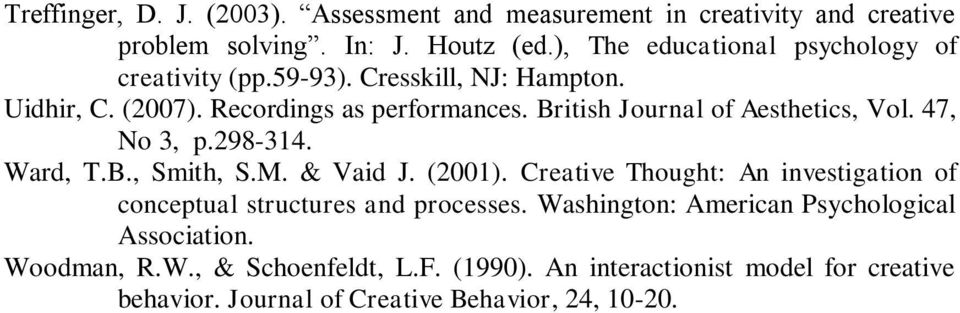 British Journal of Aesthetics, Vol. 47, No 3, p.298-314. Ward, T.B., Smith, S.M. & Vaid J. (2001).