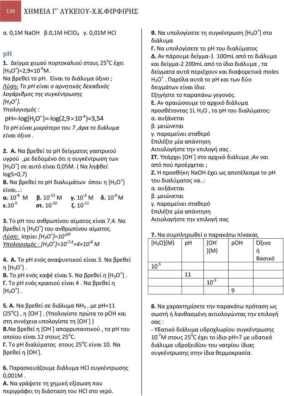 Υπολογισμός : + 4 ph=log[h O ]=log(,9 10 )=,54 Το ph είναι μικρότερο του 7,άρα το διάλυμα είναι όξινο.. Α.