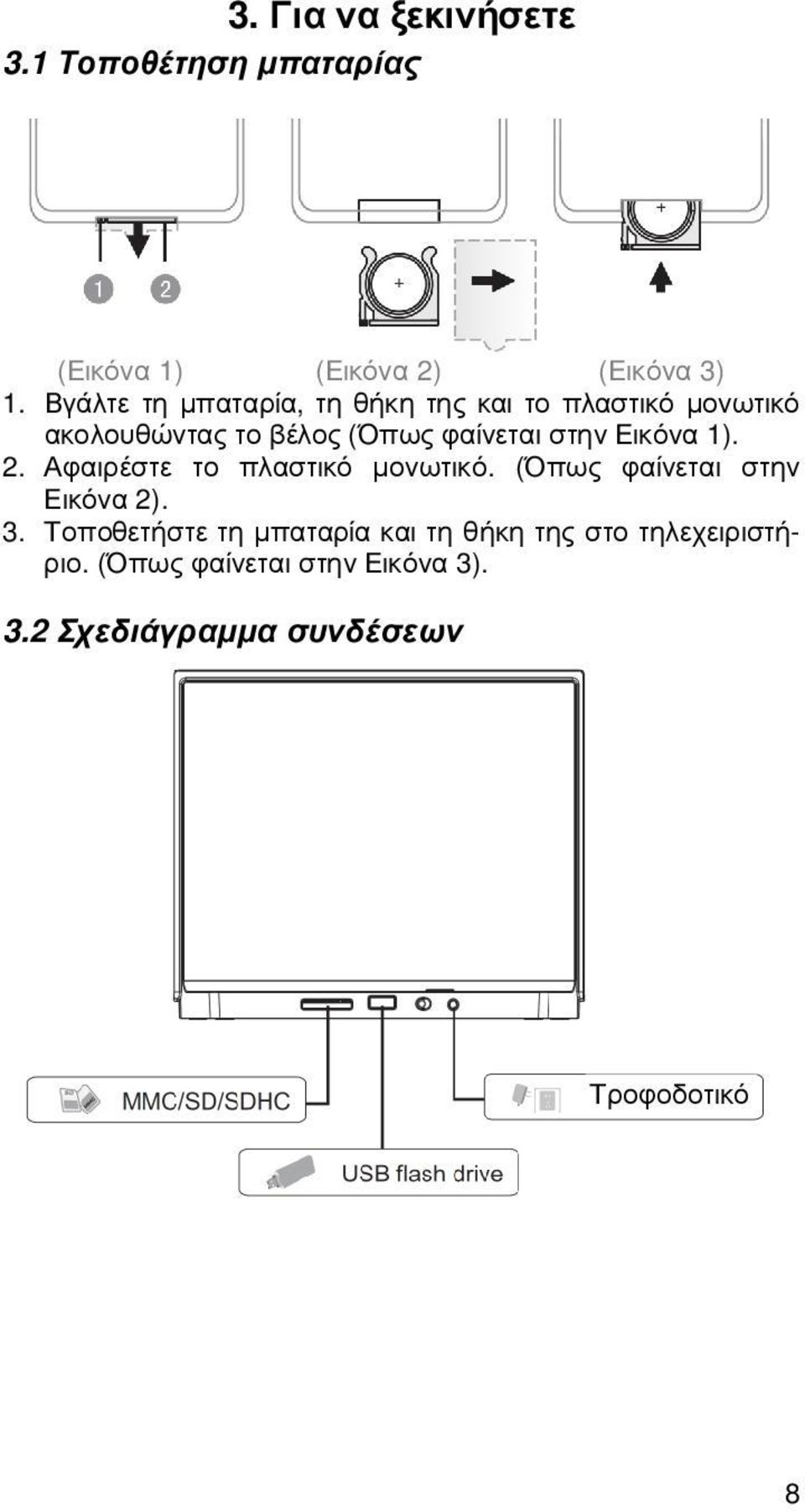 Εικόνα 1). 2. Αφαιρέστε το πλαστικό µονωτικό. (Όπως φαίνεται στην Εικόνα 2). 3.