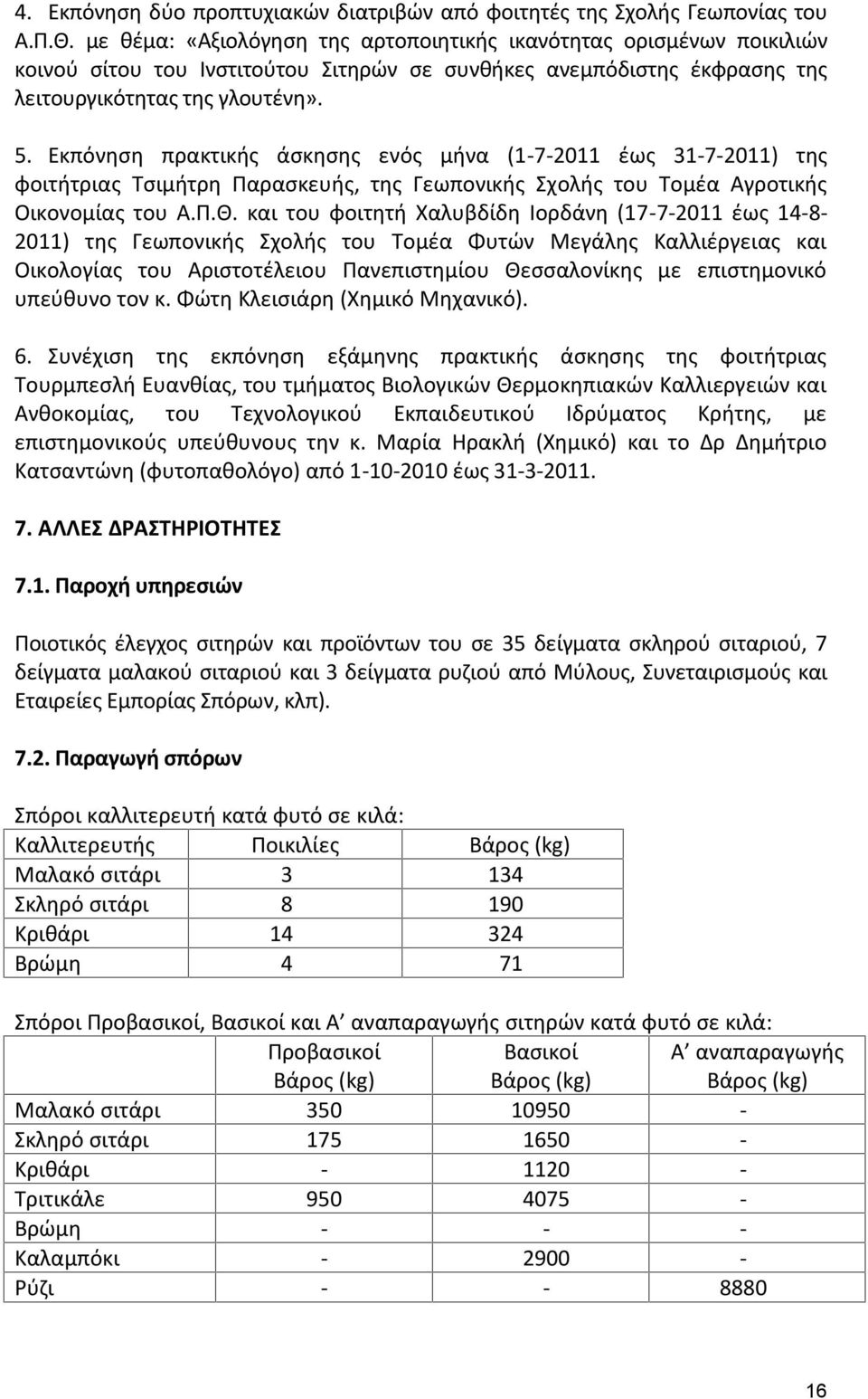 Εκπόνηση πρακτικής άσκησης ενός μήνα (1-7-2011 έως 31-7-2011) της φοιτήτριας Τσιμήτρη Παρασκευής, της Γεωπονικής Σχολής του Τομέα Αγροτικής Οικονομίας του Α.Π.Θ.