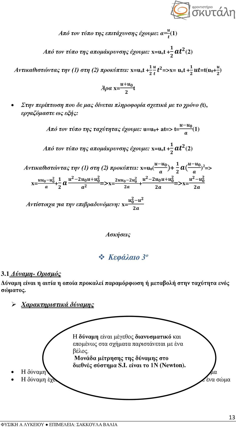 απομάκρυνσης έχουμε: x=u ot + 1 2 at2 (2) Αντικαθιστώντας την (1) στη (2) προκύπτει: x=u u u 0 0( )+ 1 a 2 a(u u 0 a )2 => x= uu 2 0 u 0 + 1 a u2 2 2u 0 u+u 0 a 2 a 2 =>x= 2uu 2 0 2u 0 + u2 2 2u 0