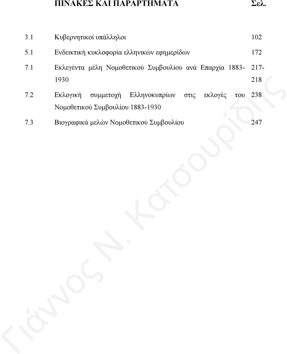 1 Εκλεγέντα µέλη Νοµοθετικού Συµβουλίου ανά Επαρχία 1883-217- 1930 7.