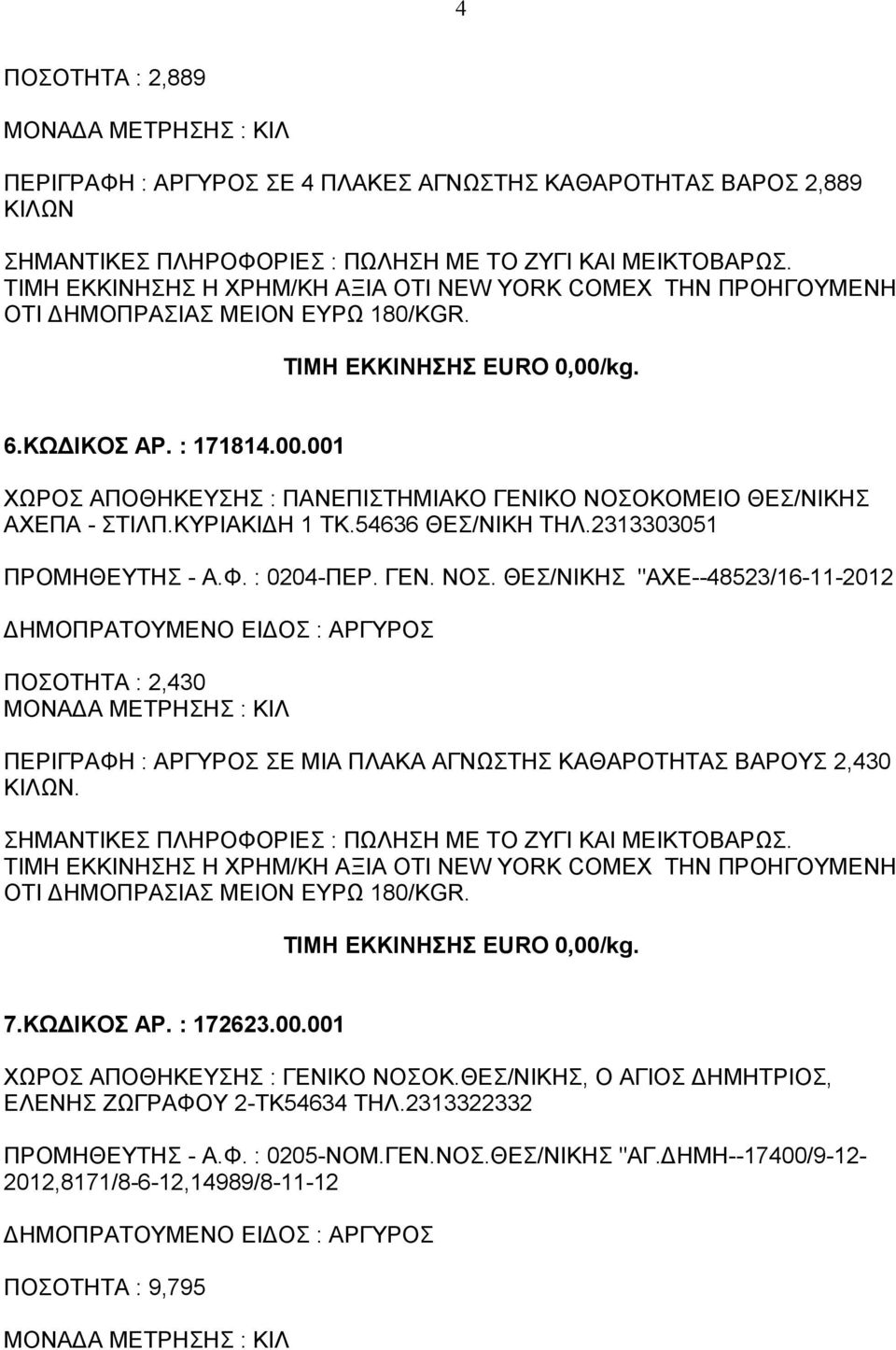 . ΤΙΜΗ ΕΚΚΙΝΗΣΗΣ Η ΧΡΗΜ/ΚΗ ΑΞΙΑ ΟΤΙ NEW YORK COMEX ΤΗΝ ΠΡΟΗΓΟΥΜΕΝΗ 7.ΚΩΔΙΚΟΣ ΑΡ. : 172623.00.001 ΧΩΡΟΣ ΑΠΟΘΗΚΕΥΣΗΣ : ΓΕΝΙΚΟ ΝΟΣΟΚ.ΘΕΣ/ΝΙΚΗΣ, Ο ΑΓΙΟΣ ΔΗΜΗΤΡΙΟΣ, ΕΛΕΝΗΣ ΖΩΓΡΑΦΟΥ 2-ΤΚ54634 ΤΗΛ.