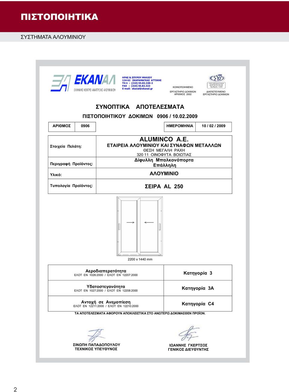 E. ΘΕΣΗ ΜΕΓΑΛΗ ΡΑΧΗ 320 11 ΟΙΝΟΦΥΤΑ ΒΟΙΩΤΙΑΣ : AL 250 2200 x 1440 mm ΕΛΟΤ ΕΝ 1026:2000 / ΕΛΟΤ ΕΝ