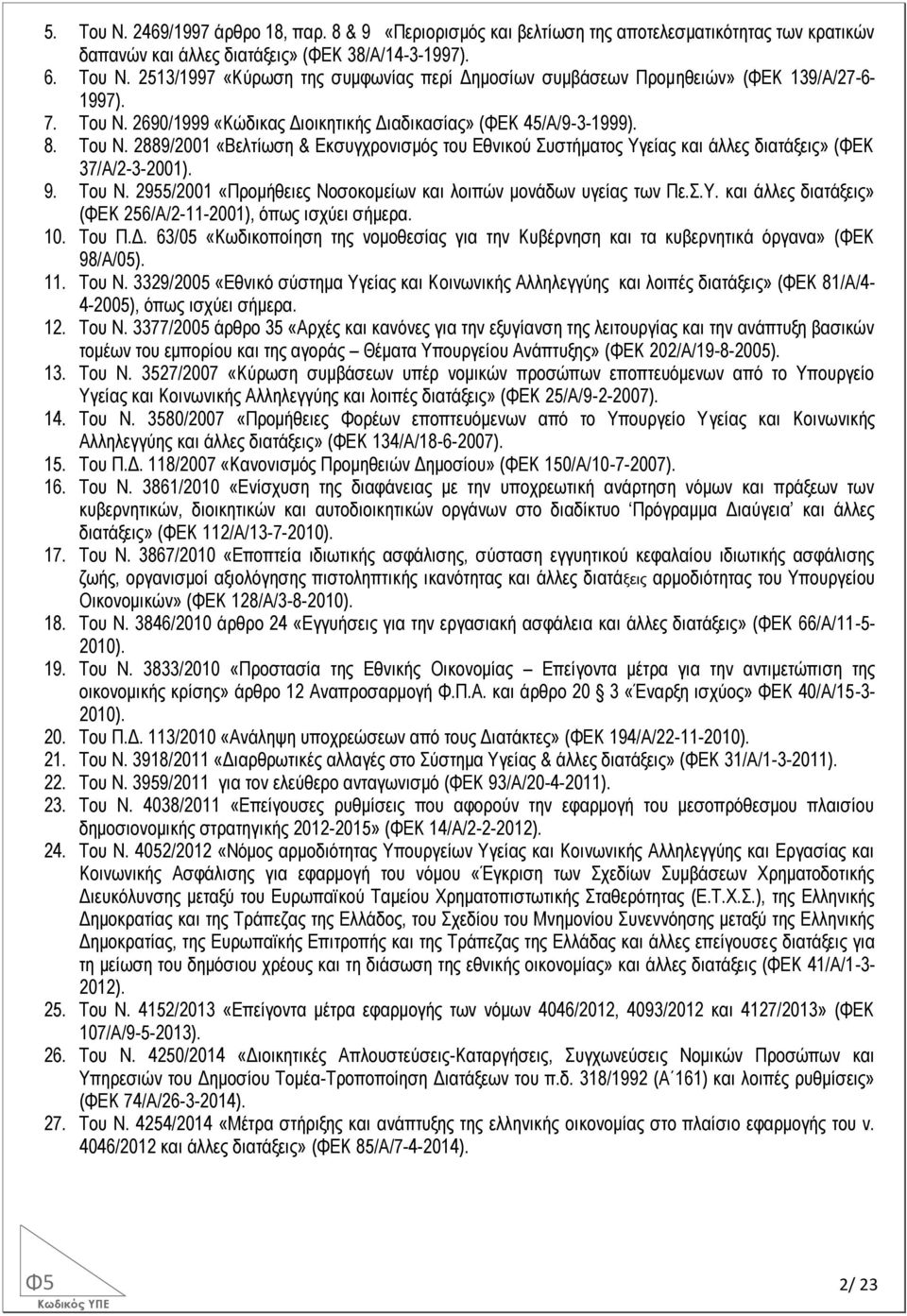 Του Ν. 2955/2001 «Προμήθειες Νοσοκομείων και λοιπών μονάδων υγείας των Πε.Σ.Υ. και άλλες διατάξεις» (ΦΕΚ 256/Α/2-11-2001), όπως ισχύει σήμερα. 10. Του Π.Δ.