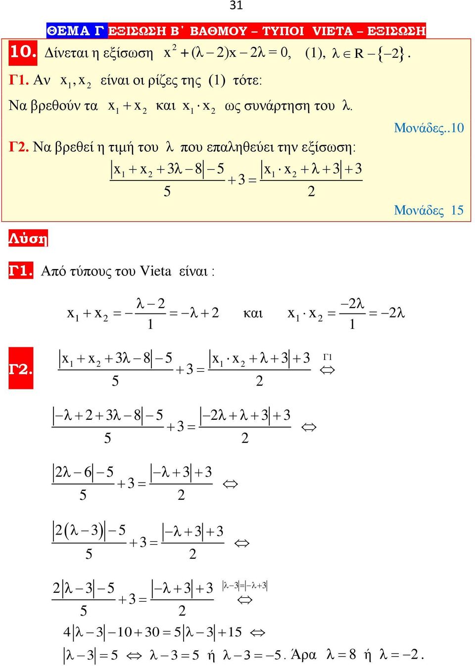 του Vieta είναι : x λ λ + x = = λ + και x x = = λ Μονάδες0 Μονάδες 5 Γ x + x + 3λ 8 5 x x +λ+ 3 + 3 Γ + 3 = 5 λ+ + 3λ 8 5 λ+λ+ 3 + 3 + 3 = 5 λ