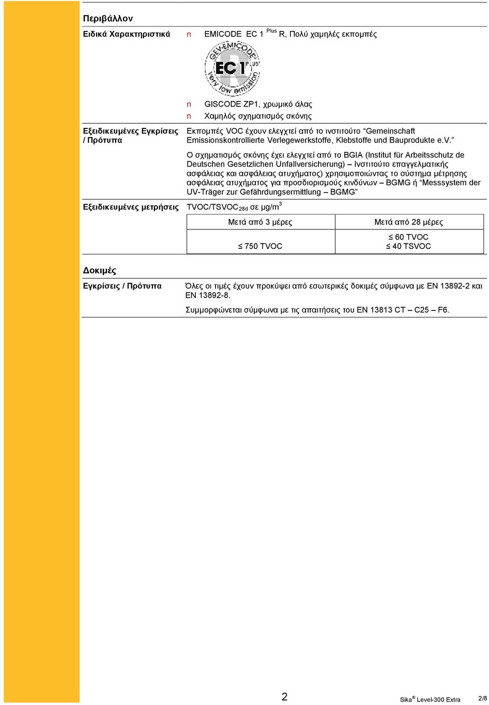 Εξειδικευμένες μετρήσεις TVOC/TSVOC 28d σε µg/m 3 Ο σχηματισμός σκόνης έχει ελεγχτεί από το BGIA (Institut für Arbeitsschutz de Deutschen Gesetzlichen Unfallversicherung) Ινστιτούτο επαγγελματικής