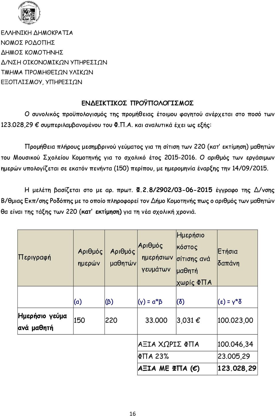 και αναλυτικά έχει ως εξής: Προµήθεια πλήρους µεσηµβρινού γεύµατος για τη σίτιση των 220 (κατ εκτίµηση) µαθητών του Μουσικού Σχολείου Κοµοτηνής για το σχολικό έτος 2015-2016.