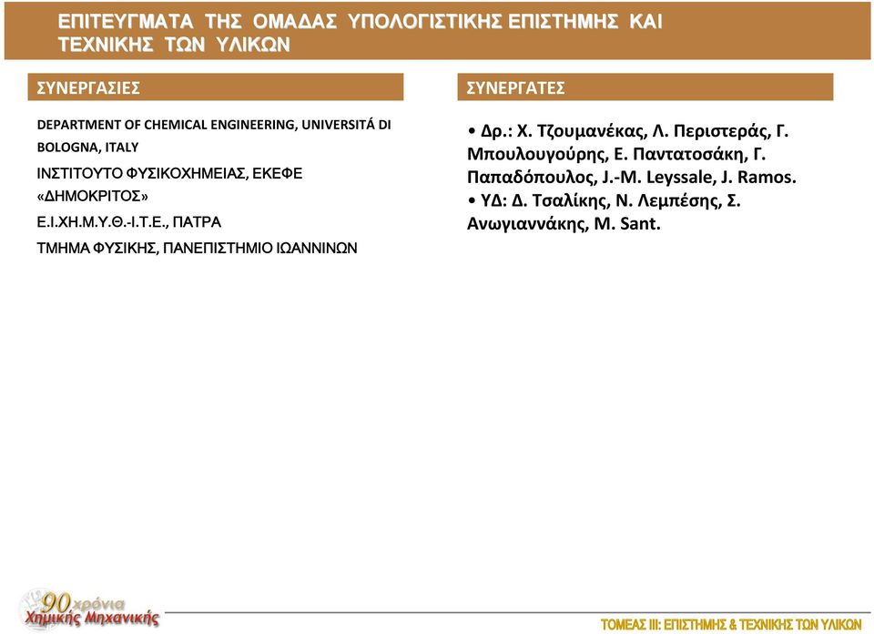 ΑΣ, ΕΚΕΦΕ «ΔΗΜΟΚΡΙΤΟΣ» Ε.Ι.ΧΗ.Μ.Υ.Θ. Ι.Τ.Ε., ΠΑΤΡΑ ΤΜΗΜΑ ΦΥΣΙΚΗΣ, ΠΑΝΕΠΙΣΤΗΜΙΟ ΙΩΑΝΝΙΝΩΝ ΣΥΝΕΡΓΑΤΕΣ Δρ.: X.