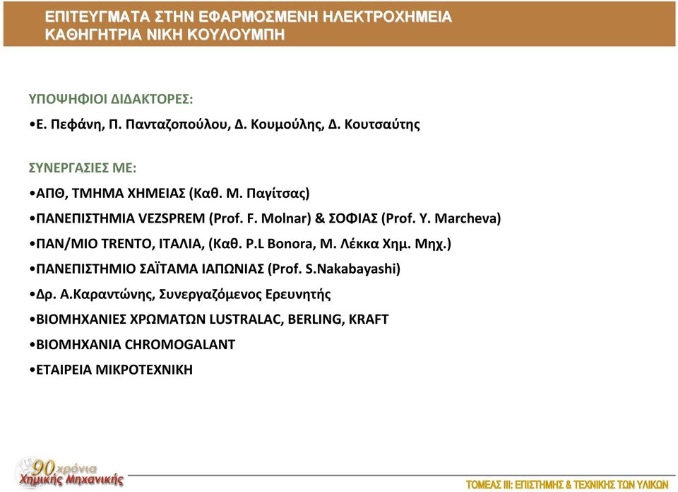 Molnar) & ΣΟΦΙΑΣ (Prof. Y. Marcheva) ΠΑΝ/ΜΙΟ TRENTO, ΙΤΑΛΙΑ,(Kαθ. P.L Bonora, Μ. Λέκκα Χημ. Μηχ.