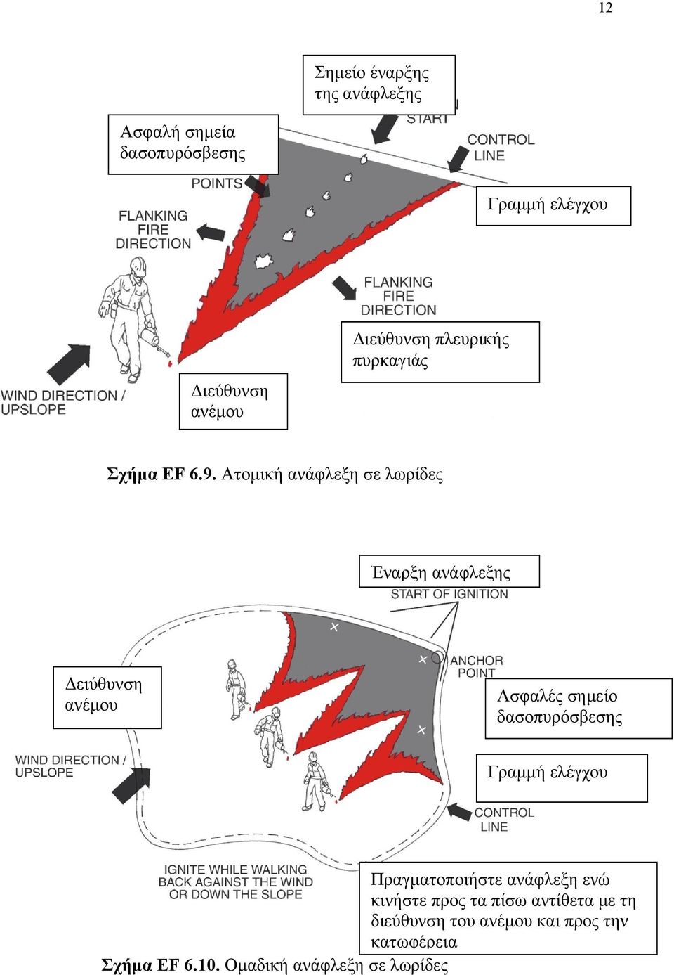 Ατομική ανάφλεξη σε λωρίδες Έναρξη ανάφλεξης Δειύθυνση ανέμου Ασφαλές σημείο δασοπυρόσβεσης Γραμμή
