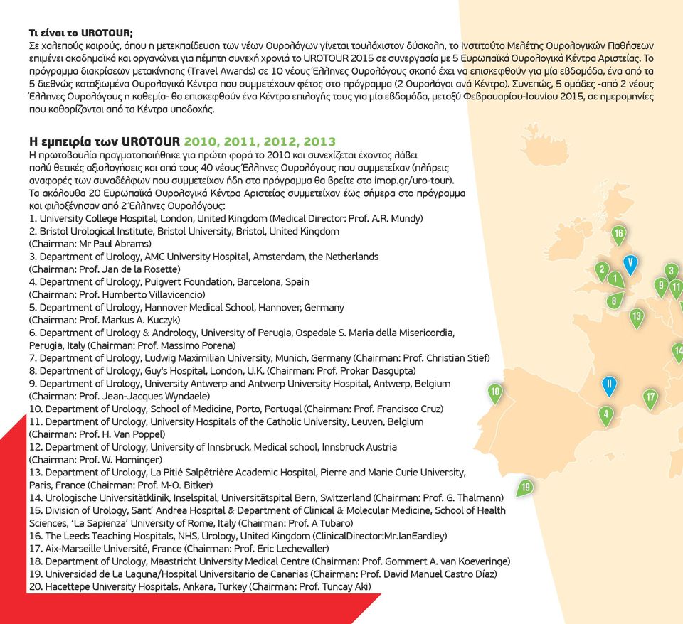 Το πρόγραµµα διακρίσεων µετακίνησης (Travel Awards) σε 10 νέους Έλληνες Ουρολόγους σκοπό έχει να επισκεφθούν για µία εβδοµάδα, ένα από τα 5 διεθνώς καταξιωµένα Ουρολογικά Κέντρα που συµµετέχουν φέτος