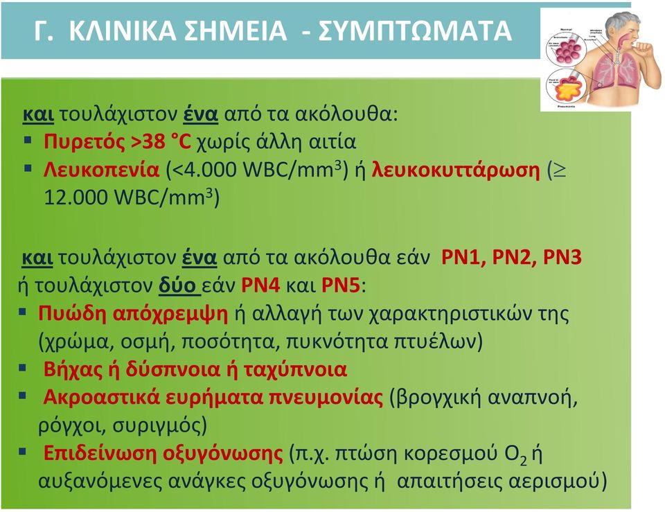 000 WBC/mm 3 ) και τουλάχιστον ένα απόταακόλουθαεάν PΝ1, PΝ2, PN3 ή τουλάχιστον δύο εάν PN4 και PN5: Πυώδη απόχρεμψη ή αλλαγή των