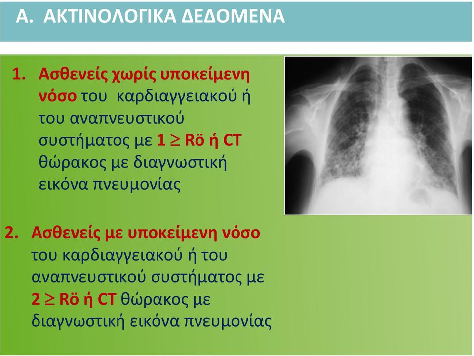 συστήματος με 1 Rö ή CT θώρακος με διαγνωστική εικόνα πνευμονίας 2.