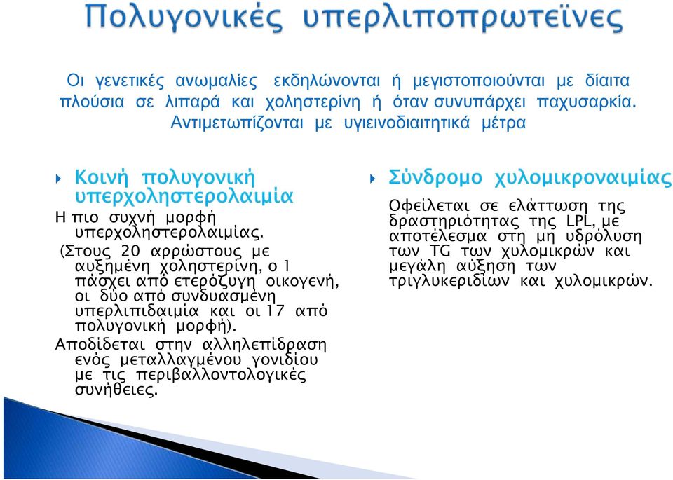 (Στους 20 αρρώστους με αυξημένη χοληστερίνη, ο 1 πάσχει από ετερόζυγη οικογενή, οι δύο από συνδυασμένη υπερλιπιδαιμία και οι 17 από πολυγονική μορφή).