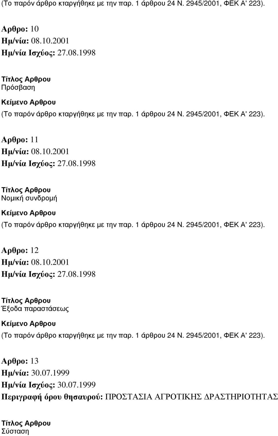 2945/2001, ΦΕΚ Α' 223). Αρθρο: 12 Ημ/νία: 08.10.2001 Έξοδα παραστάσεως (Το παρόν άρθρο κταργήθηκε με την παρ. 1 άρθρου 24 Ν.