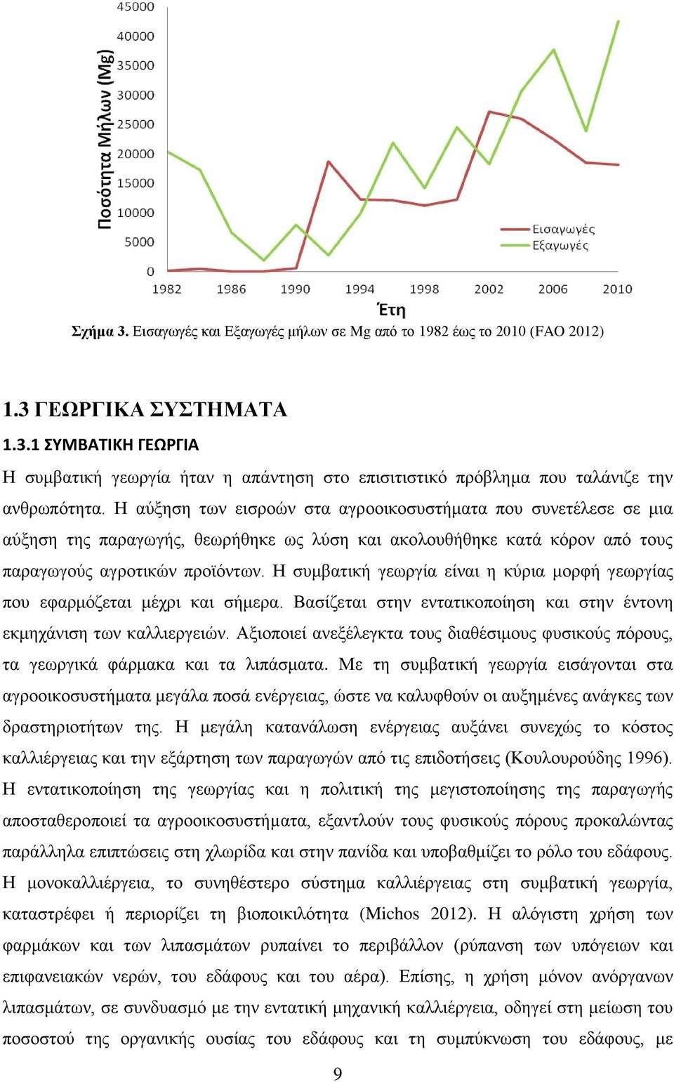 Η συμβατική γεωργία είναι η κύρια μορφή γεωργίας που εφαρμόζεται μέχρι και σήμερα. Βασίζεται στην εντατικοποίηση και στην έντονη εκμηχάνιση των καλλιεργειών.