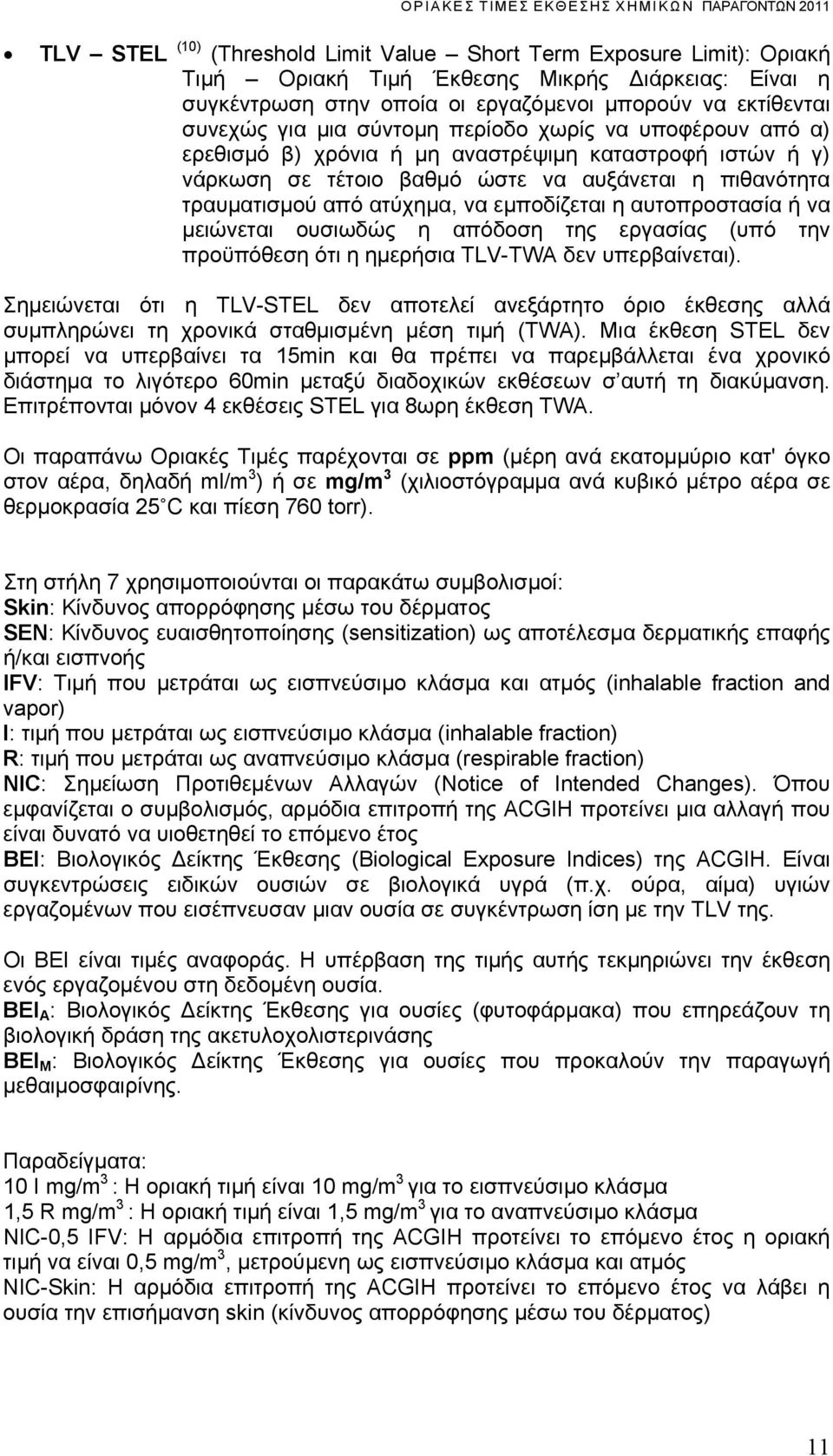 ατύχημα, να εμποδίζεται η αυτοπροστασία ή να μειώνεται ουσιωδώς η απόδοση της εργασίας (υπό την προϋπόθεση ότι η ημερήσια TLV-TWA δεν υπερβαίνεται).