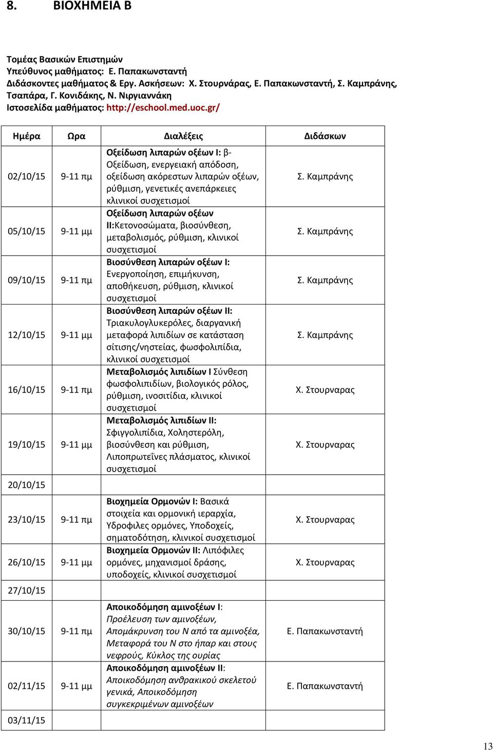 gr/ Ημέρα Ωρα Διαλέξεις Διδάσκων 02/10/15 9-11 πμ Οξείδωση λιπαρών οξέων Ι: β- Οξείδωση, ενεργειακή απόδοση, οξείδωση ακόρεστων λιπαρών οξέων, Σ.