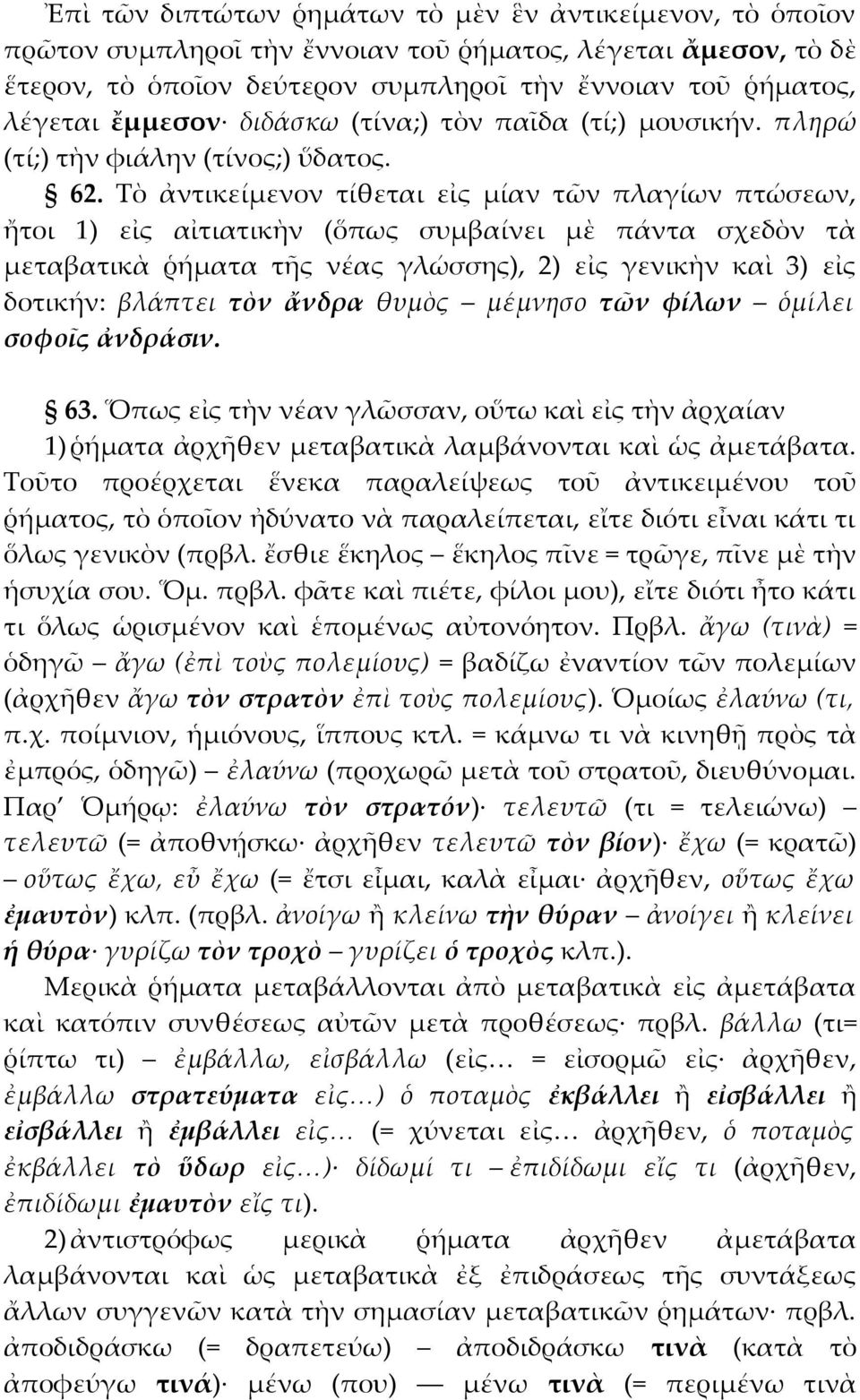 Τὸ ἀντικείμενον τίθεται εἰς μίαν τῶν πλαγίων πτώσεων, ἤτοι 1) εἰς αἰτιατικὴν (ὅπως συμβαίνει μὲ πάντα σχεδὸν τὰ μεταβατικὰ ῥήματα τῆς νέας γλώσσης), 2) εἰς γενικὴν καὶ 3) εἰς δοτικήν: βλάπτει τὸν