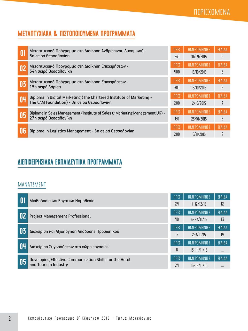 Θεσσαλονίκη Diploma in Sales Management (Institute of Sales & Marketing Management UK) - 27η σειρά Θεσσαλονίκη 06 Diploma in Logistics Management - 3η σειρά Θεσσαλονίκη 230 18/09/2015 5 400