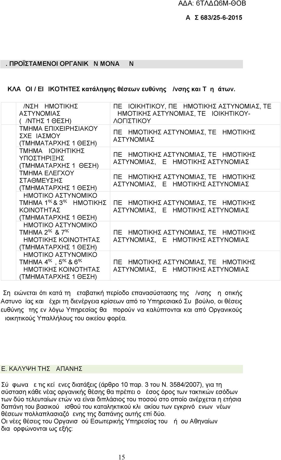 ΔΗΜΟΤΙΚΟ ΑΣΤΥΝΟΜΙΚΟ ΤΜΗΜΑ 1 ης & 3 ης ΔΗΜΟΤΙΚΗΣ ΚΟΙΝΟΤΗΤΑΣ (ΤΜΗΜΑΤΑΡΧΗΣ 1 ΘΕΣΗ) ΔΗΜΟΤΙΚΟ ΑΣΤΥΝΟΜΙΚΟ ΤΜΗΜΑ 2 ης & 7 ης ΔΗΜΟΤΙΚΗΣ ΚΟΙΝΟΤΗΤΑΣ (ΤΜΗΜΑΤΑΡΧΗΣ 1 ΘΕΣΗ) ΔΗΜΟΤΙΚΟ ΑΣΤΥΝΟΜΙΚΟ ΤΜΗΜΑ 4 ης, 5 ης &