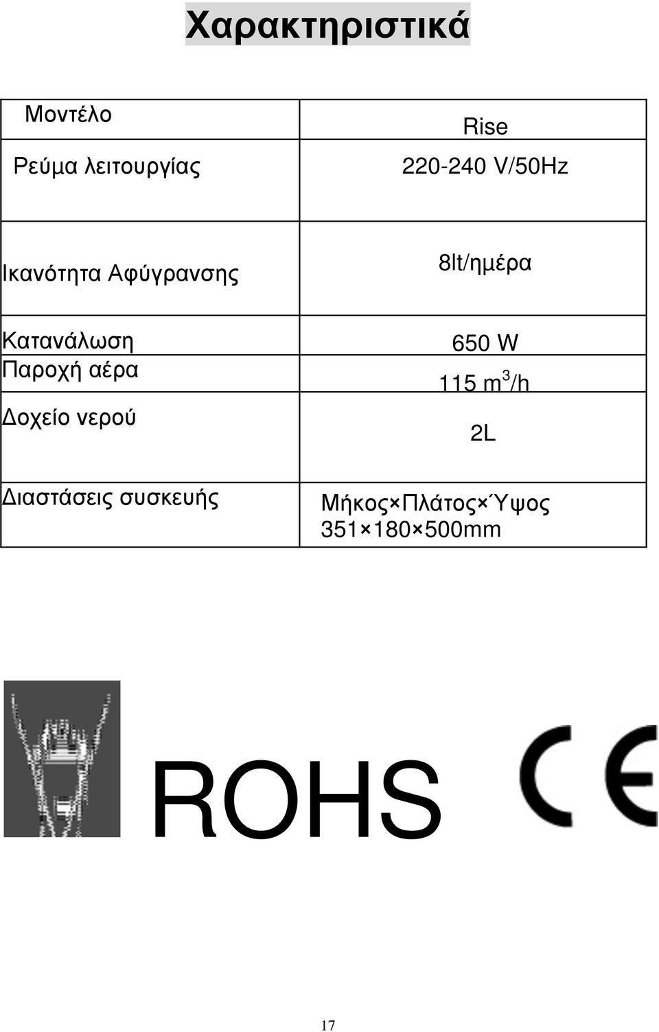 Κατανάλωση Παροχή αέρα Δοχείο νερού 650 W 115 m 3